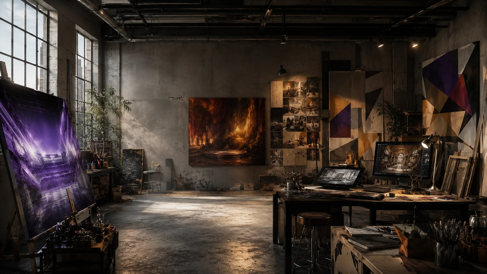 A spacious industrial creative studio with artwork, easels and digital design screens